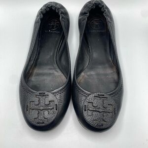 Tory Burch Minnie Travel Ballet Logo Black Leather Ballet Flat EUC 7-SOLD